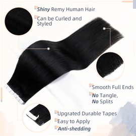 RUNATURE Tape in Hair Extensions Human Hair Black Tape in Extensions Black Human Hair Jet Black Tape Hair Extensions Real Human Hair 12 Inch 30 Gram