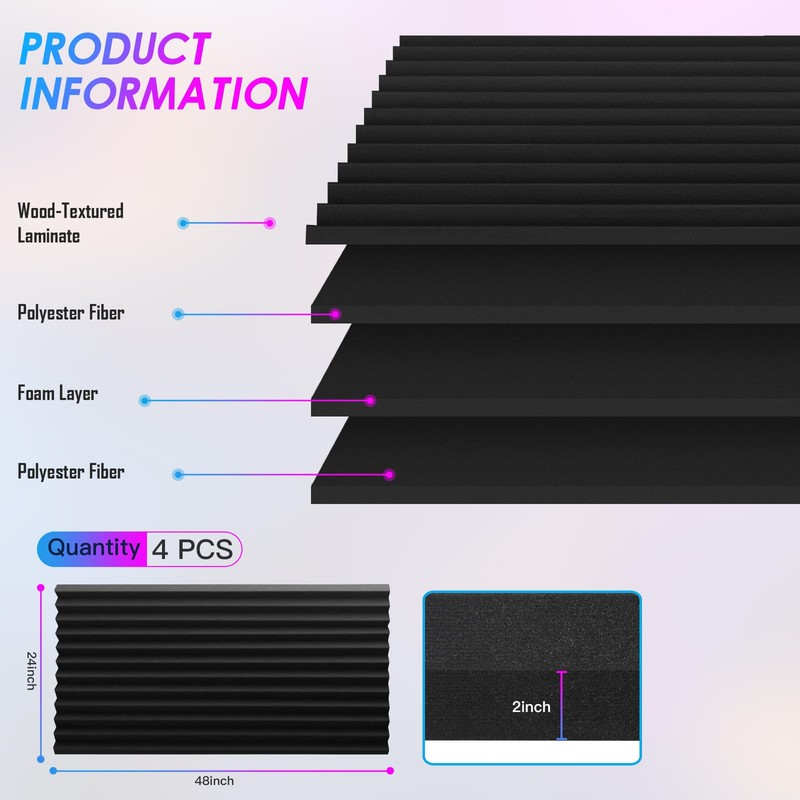 4 Pack Sound Proof Foam Panels, 48"×24"×2" Soundproof Wall Panels