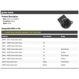 Marketplace Auto Parts Ignition Switch - Compatible with 2004-2011 Chevy Aveo