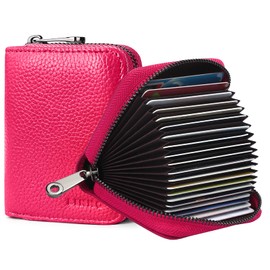 Goopai RFID 20 Card Slots Credit Card Holder Genuine Leather Accordion Card Case Small Wallet for Women or Men with Zipper (New-Rose Red)