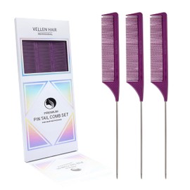 Vellen Hair Professional 9 Inch rat tail combs for hair stylists, PEI Material 430°F Heat Resistant and Antistatic, Pin tail comb with Long stainless steel - 3 Pack (Purple)