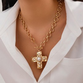 Chunky Pearl Cross Pendant Necklace,Aesthetic Plated Gold Crucifix Pearl Statement Choker,Trendy Adjustable Cross OT Clasp Necklace for Women (Gold1)