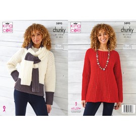 King Cole Ladies Chunky Knitting Pattern Flared or Straight Sweater & Scarf (5895)
