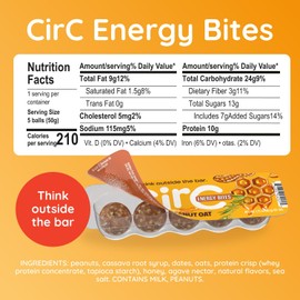 CirC Energy Bites - 12 Pack Honey Peanut Oat Gluten Free Protein Balls - 10g Protein, Whole Grains, Nuts & Fruit - Portable Healthy Snacks for Adults & Kids, 5 Piece Resealable Packs
