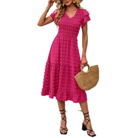 BTFBM Women Casual Summer Short Ruffles Tiered Sleeve Smocked Midi Dresses Bohemian Floral V Neck Wedding Guest Long Dresses（Solid Rose Red,Small