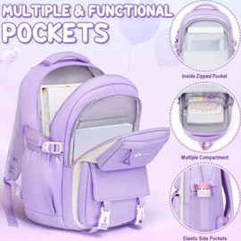 Amythe Set School Backpack Girls 3rd to 7th Grade, 2025 School Bag with Lunch Bag Pencil Case for School Travel for 15.6 Inch Laptop YTK6858, purple