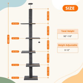 ABCPET Cat Tree Floor to Ceiling Cat Tower with Adjustable Height (98-110 Inches), 5-Tier Carpet Cat Climbing Tower Tall Cat Trees with Platforms and Dangling Balls for Indoor Cats, Medium Grey