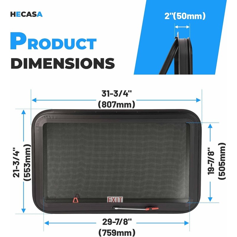 HECASA 30"W x 20"H RV Emergency Exit Window w/Trim Ring