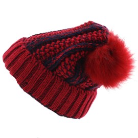JFH Women’s Winter Cable Knitted Faux Fur Double Pom Pom Beanie Hat w/Sequins (Red)