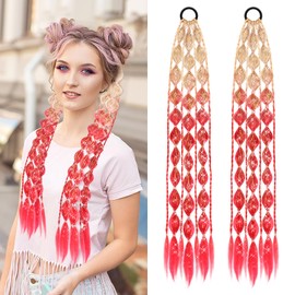 Bordedor Vibrant Bubble Ponytail with Tinsel, Red Braiding Hair Extensions, Synthetic Colored Braiding 2 Tone for Girls Women (Wheat - Red)