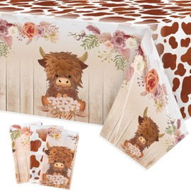 3Pcs Highland Cow Party Tablecloths, Brown Highland Cattle Birthday Table Cover, Brown Cow Print Themed Party Decorations Plastic Disposable Rectangular Table Cloth Decor for Kids Birthday Baby Shower