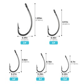 Luroad 50 Pieces Carp Hooks with Barbs, Teflon Coated Eye Hooks for Carp Rigs, Wide Gape and Curve Shank Carp Hooks, Sizes 2 4 6 8 10, Boilie Hooks for Carp, Lying Fishing Single Hook