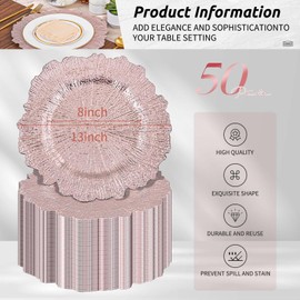 50Pcs Rose Gold Charger Plates Round 13inch, Reef Plate Chargers for Dinner, Bulk Plastic Floral Table Plates for Dinner Wedding Party Event Table Setting Decoration(Rose Gold)