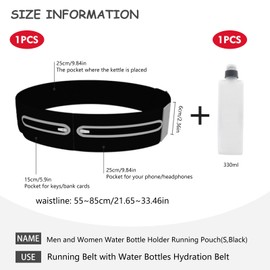 Running Belt with Bpa-Free Water Bottle Adjustable Hydration Belt for Men and Women with 3 Zippered Pockets and 360° Reflective Stripes for Running Hiking Marathon Travel (S,Black)