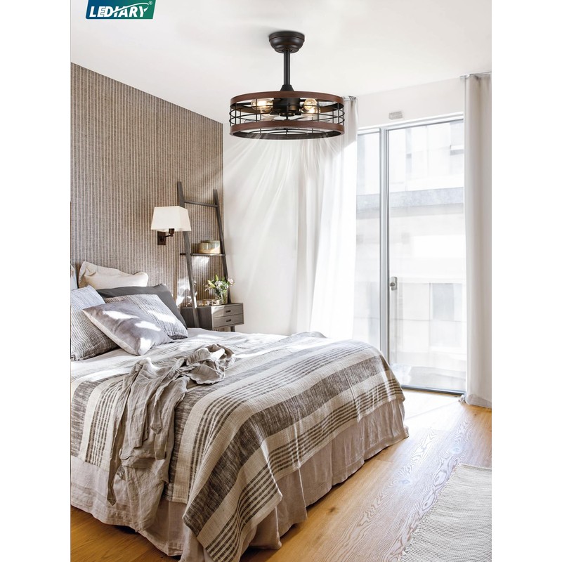 LEDIARY 18 inch Black Caged Ceiling Fan with Light, Bladeless