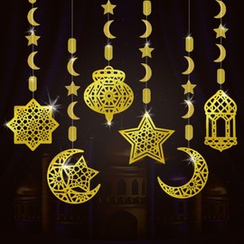 AhfuLife Ramadan Mubarak Eid Decorations for Home, 6 PCS Pre-Tied Golden Islamic Star Moon Lantern - Reusable Eid Garland Streamer Eid Mubarak Decorations for Indoor Outdoor Party Decoration