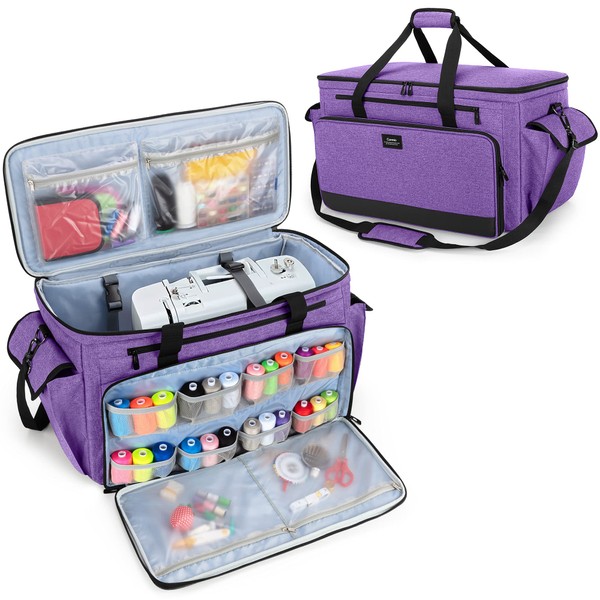 CURMIO Sewing and Embroidery Machine Carrying Case, Universal Tote Bag with Removable Cushion Pad Compatible for Brother SE600, SE630, PE535 Embroidery Machine and Accessories, Purple, Bag Only