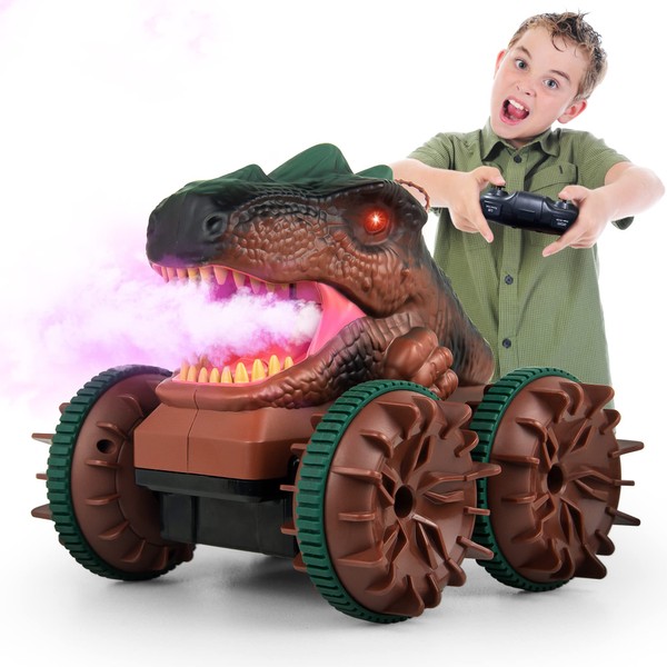 Cheerwing Remote Control Car Dinosaur Toys for Kids Boys,2.4GHz RC Dinosaur Car with Light,Spray,Sound Function,All Terrain Amphibious Waterproof RC Truck