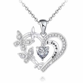 Butterfly Heart Pendant Necklace Crystal Lariat Love Heart Necklace Chain Rhinestone I Love You Jewelry for Women Girls (Silver B)