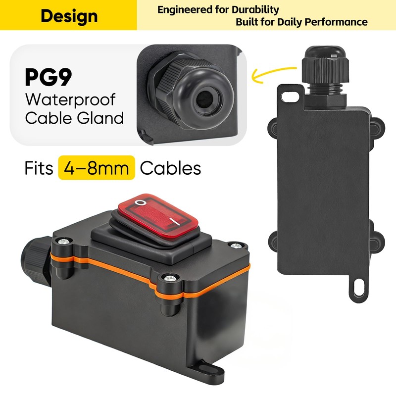 Waterproof Inline Rocker Switch Box AC 110–250V 20A Lighted ON/Off