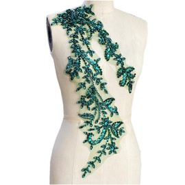 PLune Handmade Shining Acrylic Rhinestones on lace Applique Sewing Beads Stones Trim Patches Accessories for Wedding Dress (Deepgreen Right)