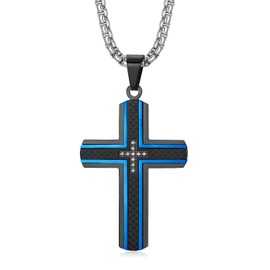 Holizaly Men's Cross Necklace 316L Stainless Steel with Diamond/Black/Blue Rollo Chain-Gift Box