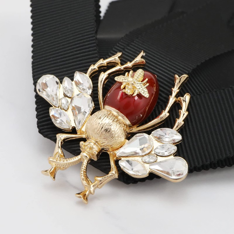 ECSiNG Bow Brooch Black Ribbon Brooch with Bee Rhinestone Decoration