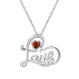 Qings January Garnet Birthstone Heart Pendant Necklace for Women 925 Sterling Silver Cross Faith Heart-Shaped Birth Stone Cubic Zirconnia Necklaces Birthday Christmas Jewellery Gifts for Girls