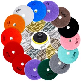 4 Inch Diamond Polishing Pads Set, 16PCS Wet/Dry Granite, Marble, Concrete Polishing Kit, 30-8000 Grit for Drill, Grinder, Polisher - Ideal for Stone, Countertops, and Floor Polishing with Backer Pad