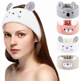 4 diademas de forro polar de coral para maquillaje, diadema cosmética, diadema de felpa, orejas de animales lindos para la ducha, para lavar la cara, spa, yoga, maquillaje, correr, 4 unidades