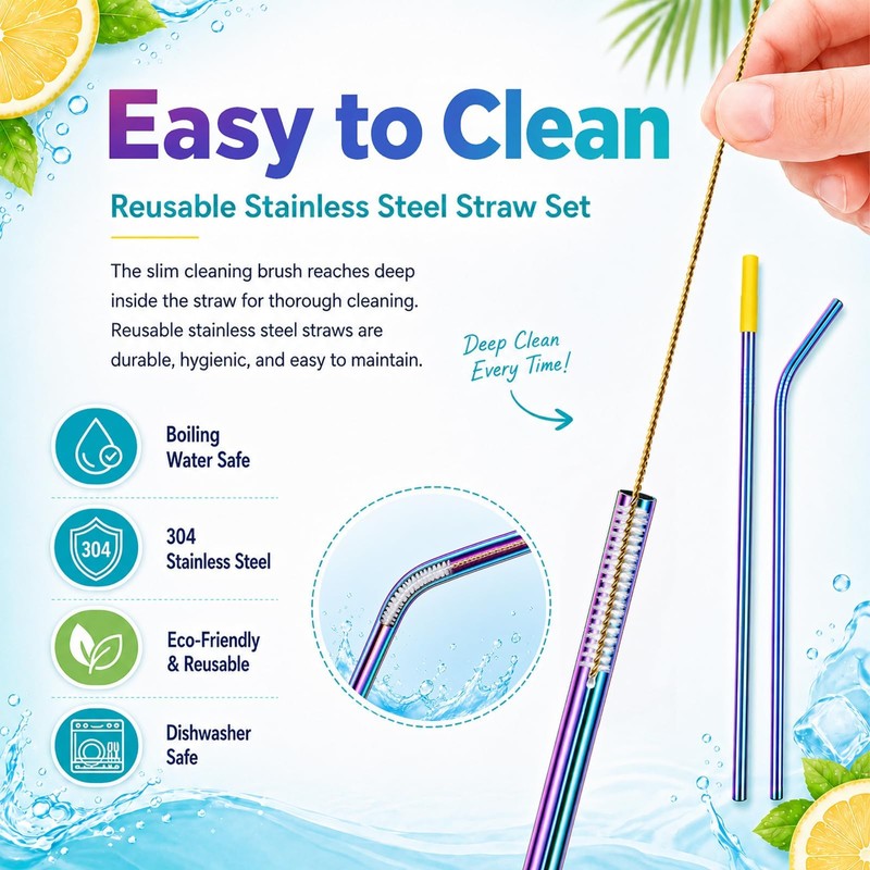 Wosyoodo 12 Pcs Metal Straws, Reusable Stainless Steel Straw Set