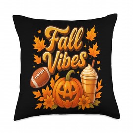 Fall Vibes Pumpkin Spice Latte Football Jack O Lantern Throw Pillow