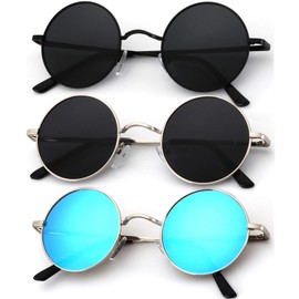 Round Polarized Sunglasses for Men Women Small Metal Lennon Sun Glasses Retro Hippie Style (3 Pack) 47mm