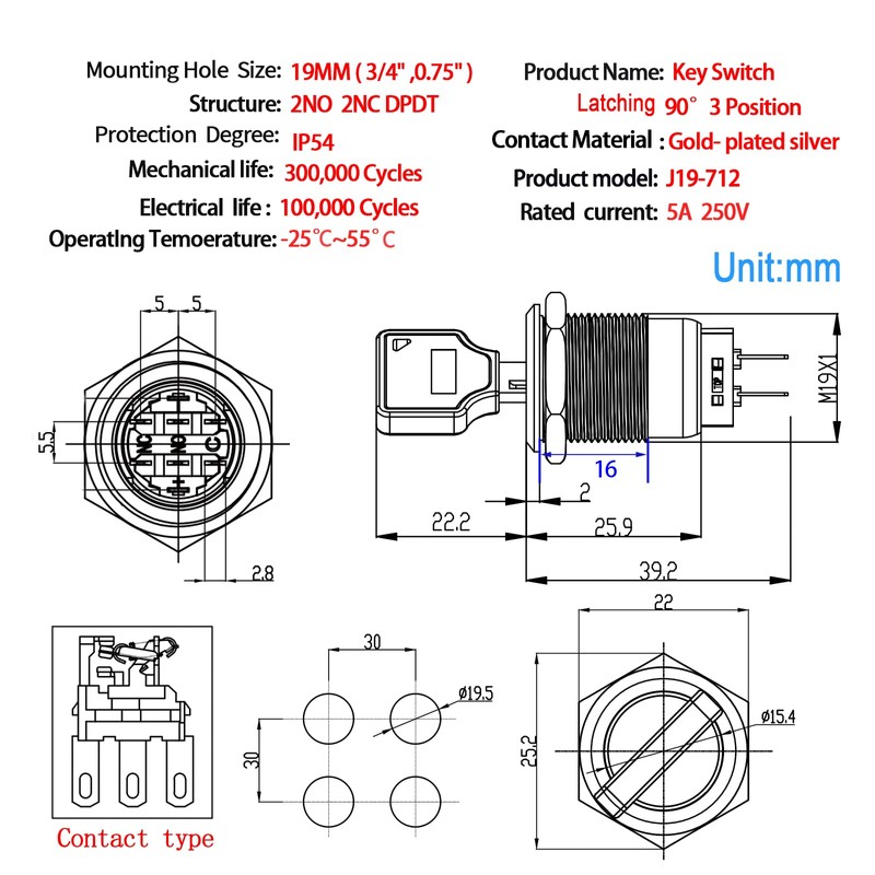 3 Position Key Switch 19MM DPDT Rotary Switch Stainless Steel