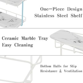 Dobbyby Bathroom Organizer Countertop Perfume Organizer Makeup Organizer Cosmetics Storage Display Rack 2 Tier Vanity Tray Dresser Stainless Steel Gold Shelf White Marble Ceramic Tray (Ivory, L)