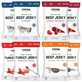 Think Jerky Beef and Turkey Jerky Variety Pack, Classic, Sweet Chipotle, Sriracha Honey, Sesame Teriyaki, Healthy Meat Snack, Low Calorie Low Fat - 1.0 oz Bags, 8 Pack, 2 of Each