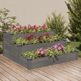 vidaXL Square Garden Raised Bed in Gray - Solid Fir Wood Outdoor Planter Box with Stair-Step Design and Open Bottom for Drainage - 47.2"x47.2"x22"