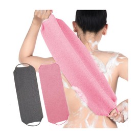 フリランス-ショプ あかすりタオル 背中洗い 2枚パック 伸縮可能 持ち手のヒモ付き ボディタオル 速乾性 耐久性 垢すりタオル 背中ニキビ対策 泡立ち 体洗う 男女兼用 お風呂 浴用(グレー+ピンク)