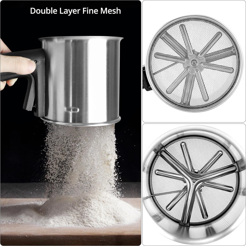 QWORK 3 Cup Stainless Steel Flour Sifter with Ergonomic One-Hand