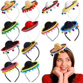 Mumufy 12 Pcs Cinco De Mayo Sombrero Headband Hats Bulk Mini Hat Headband with Fiesta Fabric Mexican Theme Decor (Stylish)