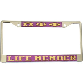 Omega Psi/Ψ Phi Life Member License Plate Frame [Silver Standard Frame - Purple/Gold - Car/Truck] - ID#59699