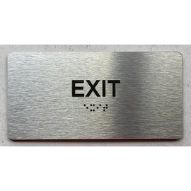 EXIT sign with Raised letters/Image & Grade 2 Braille - Includes Red Adhesive pad for Easy Installation (4" W x 8" H,Brushed Aluminum/silver, Tacticle Sign) - The park Ave Line