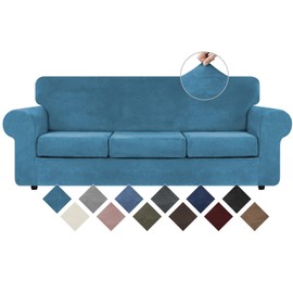 WEERRW 4 Pieces Velvet High Stretch Couch Covers for 3 Cushion Couch Sofa Slipcovers, Washable Furniture Protector with Non Slip Elastic Bottom, Feature Soft Plush Fabric, Peacock Blue, Large