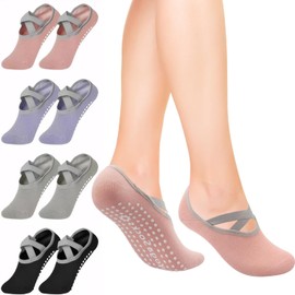 4 Pairs Yoga Pilates Socks with Adjustable Straps,H HOME-MART Non-Slip Grip Socks for Women's Secure Comfortable Fitness Workouts