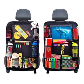 Car back seat organizer X2, 12-inch tablet holder, travel essentials for kids, mat with 10 safe storage pockets, adjustable for any type of chair, practical and reusable, car organizers and storage