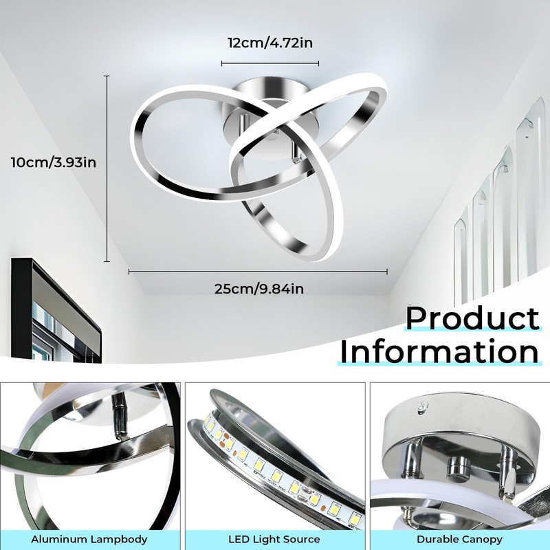 Goeco Modern LED Ceiling Light, 9.8'' 6500K Semi Flush Cool