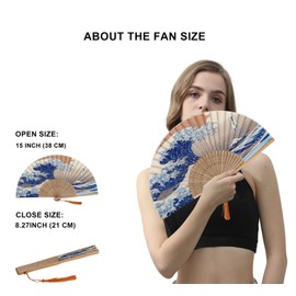 Amajiji 8.27"(21cm) Hand Held Bamboo Silk Folding Fan Hand Fan,Chinese/Japanese Charming Elegant Vintage Retro Style,Women Ladys Girls Best Gifts (Japanese Sea Waves)