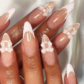 3D Bow Tie Acrylic Fake Nails 24Pcs Valentines Press on Nails Medium Almond Glossy Pink French Tips False Nails Pink Curve Line Stick on Nails Romantic Gift Gel Glue on Nails for Coquette Women Girls