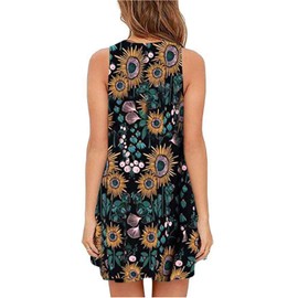 Tanst Sky Sundresses for Women, Knee Dress Modern Crew Neck Summer Cute Clothing Colorful Green Leaf Pattern Knee Legnth Tunics with Functional Pockets A Line Shift Soft Vacation Clothes Black XL