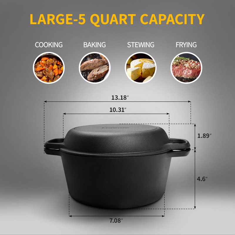 EDGING CASTING 2-in-1 Pre-Seasoned Cast Iron Dutch Oven Pot with